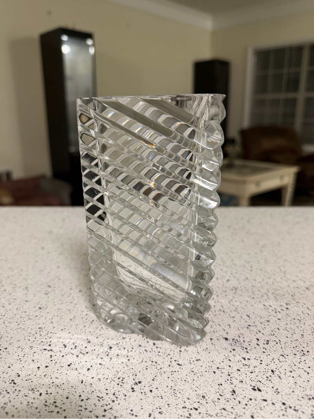 Rogaska triangular Ribbed Crystal Vase Signed 6in